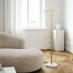 Glossy gulvlampe - Hvit/Marmor/Messing