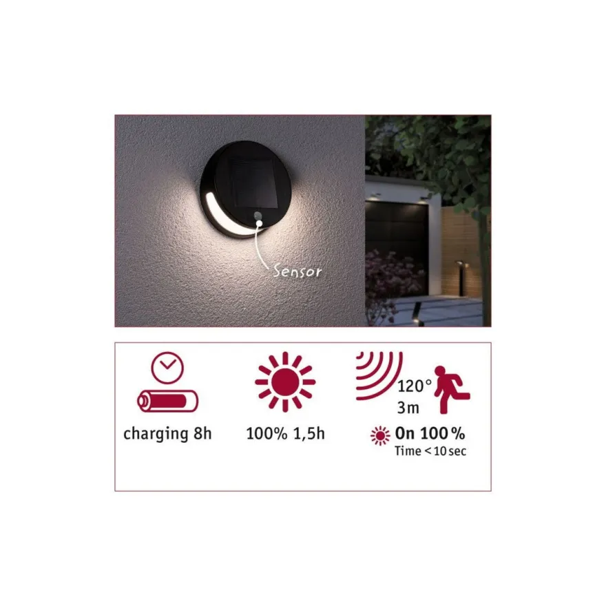 Helena vegglampe utendørs 3W 3000 Kelvin m/bevegelses sensor - Solcelle