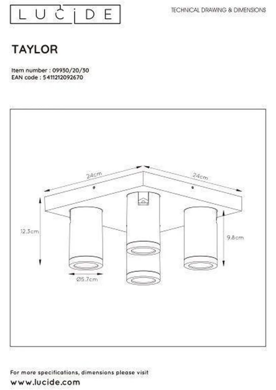 Taylor spot 4 lys IP44 baderom warm to dim 4x5W 2200-3000K